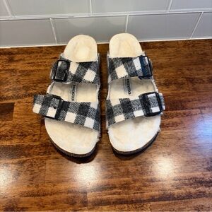 Birkenstock Two-Strap Shearling Slides - Black & White Plaid